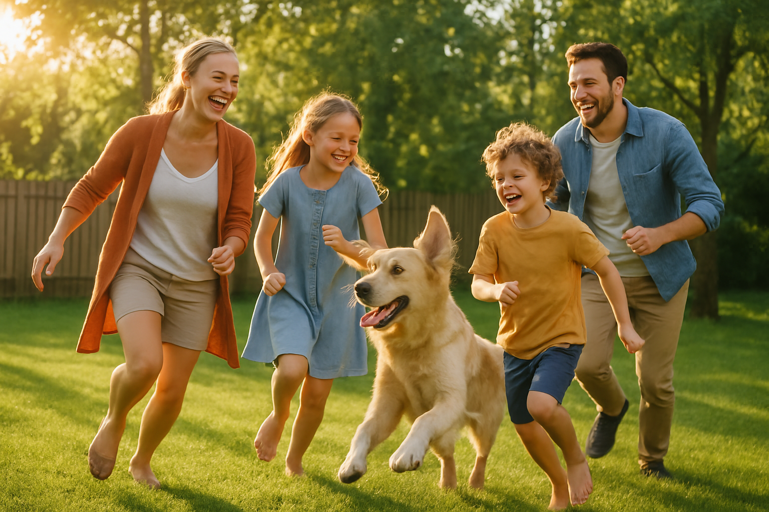 a family playing in the backgrouund with a dog 